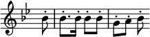 { \relative b' { \time 2/4 \override Score.TimeSignature #'stencil = ##f \key bes \major \stemDown \partial 8
  bes8-. | bes8.-. bes16-. bes8-. bes-. | g-. a-. bes8-. } }