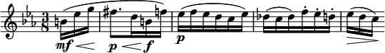  \relative c'' { \set Score.tempoHideNote = ##t \tempo 4 = 66 \set Staff.midiInstrument = #"violin" \clef treble \time 3/8 \key c \minor \partial 16*3 b16\mf(\< ees g\! | fis8.\p\< d16 b\!\f f') | ees(\p f ees d c ees) | des(c des) f-. ees-. d-. | ees(\>[ d c\!)] } 