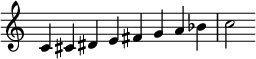 
{
\override Score.TimeSignature #'stencil = ##f
\relative c' {
  \clef treble \key c \major \time 8/4
  c4 cis dis e fis g a bes c2
} }
