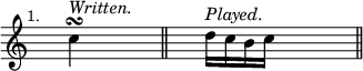 { \time 3/4 \mark \markup \small "1." \override Score.TimeSignature #'stencil = ##f \cadenzaOn s4 c''4\turn^\markup { \italic "Written." } s4. \bar "||" s4 d''16[^\markup \italic { "Played." } c'' b' c''] s4 \bar "||" }