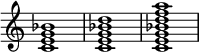 
{
\override Score.TimeSignature #'stencil = ##f
\relative c' {
   \clef treble
   \time 4/4
   \key c \major
   <c e g bes>1
   <c e g bes d>1
   <c e g bes d f a>1
} }
