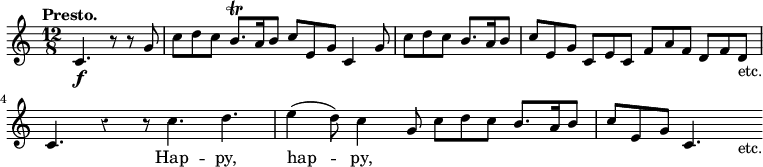 { \relative c' { \key c \major \time 12/8 \partial 2. \tempo "Presto." \override Score.Rest #'style = #'classical
 c4.\f r8 r g' | c d c b8.\trill a16 b8 c e, g c,4 g'8 | %eol1
 \partial 2. c d c b8. a16 b8 | c e, g c, e c f a f d f d_"etc."
 c4. r4 r8 c'4. d | e4( d8) c4 g8 c d c b8. a16 b8 | %eol3
 c e, g c,4. s_"etc." }
\addlyrics { _ _ _ _ _ _ _ _ _ _ _ _ _
 _ _ _ _ _ _ _ _ _ _ _ _ _ _ _ _ _ _ _ Hap -- py, hap -- py, } }