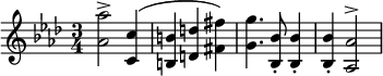 { \relative a' { \key aes \major \time 3/4
 <aes aes'>2^> <c c,>4^( | <b b,> <d d,> <fis fis,>) |
 <g g,>4. <bes, bes,>8_. q4_. | q4_. <aes aes,>2^> } }