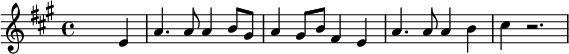 {\set Staff.midiInstrument = #"electric piano 2" \key a \major \skip2. e'4 a'4. a'8 a'4 b'8 gis'8 a'4 gis'8 b'8 fis'4 e'4 a'4. a'8 a'4 b'4 cis''4 r2.}