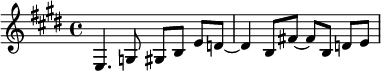 {\key e \major
e4. g8 gis8 [b8] e'8 [d'!8~] d'4 b8 [fis'!8~] fis'8 b8 d'8 [e'8]}