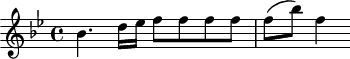 
\header {
  tagline = ##f
}

\score {
  \new Staff \with {

  }
<<
  \relative c'' {
    \key bes \major
    \time 4/4
    \override TupletBracket #'bracket-visibility = ##f 
    \autoBeamOff

     %%%%%%%%%%%%%%%%%%%%%%%%%% K8
     bes4. d16[ ees] f8[ f f f] f([ bes]) f4

  }
>>
  \layout {
    \context {
      \remove "Metronome_mark_engraver"
    }
  }
  \midi {}
}
