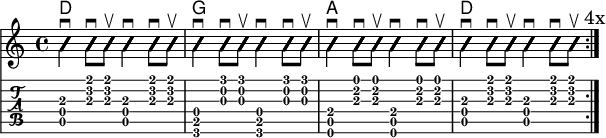 
\version "2.20.0"
\header {
  encoder="mjchael"
}

myChords = \new ChordNames { \chordmode {
    d1 g a d
}}

BB_D = {
  <a, d a>4 \downbow
  <a d' fis'>8 \downbow 
  <a d' fis'> \upbow
  <a, d a>4 \downbow
  <a d' fis'>8 \downbow 
  <a d' fis'> \upbow 
}

BB_A = {
  <e, a, e>4 \downbow
  <a cis' e'>8 \downbow 
  <a cis' e'> \upbow
  <e, a, e>4 \downbow
  <a cis' e'>8 \downbow 
  <a cis' e'> \upbow
}

BB_G = {
  <g, b, d>4 \downbow
  <g b g'>8 \downbow
  <g b g'> \upbow 
  <g, b, d>4 \downbow
  <g b g'>8 \downbow
  <g b g'> \upbow 
}

myRhythm = {
  \repeat volta 4 {
  \BB_D \BB_G \BB_A \BB_D
  \mark "4x"
}}

\score { << %layout
  \myChords
  \new Voice \with {
    \consists "Pitch_squash_engraver"
  }{
    \set Staff.midiInstrument = "acoustic guitar (nylon)"
    \improvisationOn
    \override NoteHead.X-offset = 0
    \myRhythm
  }
  \new TabStaff {
    \myRhythm
  }
>> \layout{} }

\score { << % midi
  \unfoldRepeats {
    \tempo 4 = 90
    \time 4/4
    \key d \major
    \set Staff.midiInstrument = #"acoustic guitar (nylon)"
    \myRhythm 
  }
>> \midi{} }

\paper {
  indent=0\mm
  line-width=180\mm
  oddFooterMarkup=##f
  oddHeaderMarkup=##f
  bookTitleMarkup=##f
  scoreTitleMarkup=##f
}
