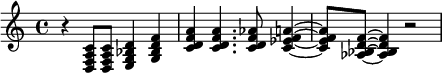 
<<
%\chords {\set Staff.midiInstrument = #"off"c1:7 f:6}
\new Staff  \relative c {\set Staff.midiInstrument = #"drawbar organ"r4 <d f a c>8 <d f a c>8 <e g bes d>4 <g bes d f>
<c d f a> <c d f a>4. <c d f as>8 <c es f a>4~ <c es f a>8 <as bes d f>8~ <as bes d f>4 r2}>>