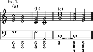 { << \new Staff \relative c'' { \mark \markup \small "Ex. 1." \override Score.TimeSignature #'stencil = ##f
 <c g e>2^"(a)" <b g d> \bar "||"
 <g e c>^"(b)" <g d b> \bar "||"
 <g c e>1^"(c)" <f a d>2 <e g c> \bar "||" }
\new Staff { \clef bass g1 | g2 g, | c1 ~ c }
\figures { <6 4>2 <5 3> | <6 4> <5 3> | <3>1 <9 6 4>2 <8 5 3> } >> }