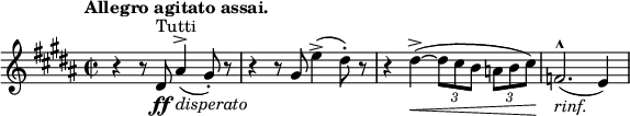 \relative c' { \set Staff.midiInstrument = #"string ensemble 2" \set Score.tempoHideNote = ##t \tempo "Allegro agitato assai." 2 = 100 \time 2/2 \key b \major r4 r8 dis8\ff^\markup { Tutti } ais'4^>_\markup { \italic disperato }( gis8-.) r8 | r4 r8 gis8 e'4->( dis8-.) r8 | r4 dis4^>~(\< \times 2/3 { dis8[ cis b] } \times 2/3 { a[ b cis)]\! } | f,2.^^_\markup { \italic rinf. }( e4) }