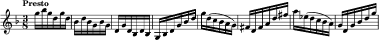 
{
% 0
    \tempo "Presto"
\numericTimeSignature \time 3/8 \key d \minor g''16 bes''16 g''16 d''16 g''16 d''16 bes'16 d''16 bes'16 g'16 bes'16 g'16 |
%
% 1
    d'16 g'16 d'16 bes d'16 bes16 g16 bes16 d'16 g'16 bes'16 d''16 | g''16 d''16 ( c''16 bes'16 a'16 g'16 ) |
% 2
 fis'16 d'16 fis'16 a'16 d''16 fis''16 a''16 ees''16 ( d''16 c''16 bes'16 a'16 ) g'16 d'16 g'16 bes'16 d''16 g''16

\bar "|"

}
