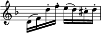 { \relative d' { \time 2/4 \override Score.TimeSignature #'stencil = ##f \key d \minor \stemDown
  d16( f) d'-. f-. e( d) cis-. d-. } }