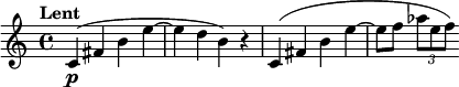  \relative c'{\time 4/4 \tempo "Lent" c4\p( fis b e ~ e d b) r c,( fis b e ~ e8 f \tuplet 3/2 {as e f)}} 