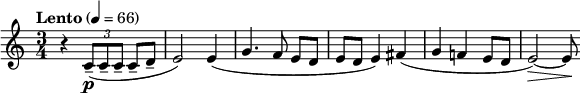  \relative c' { \clef treble \time 3/4 \tempo "Lento" 4 = 66 r4 \times 2/3 { c8\p(-- c-- c-- } c-- d-- | e2) e4( | g4. f8 e[ d] | e d e4) fis( | g f! e8 d | e2)~\> e8\! } 