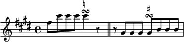 { \relative f'' { \key cis \minor \time 4/4 \override Score.Rest #'style = #'classical
 fis8 cis' cis cis cis4\turn^\markup \teeny \natural r \bar "||"
r8 gis, gis gis gis\turn^\markup \teeny \sharp b b b } }