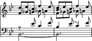 { << \new Staff << \time 6/8 \override Score.TimeSignature #'stencil = ##f \override Score.Rest #'style = #'classical \key bes \major
 \new Voice \relative d'' { \stemUp
  <d f,>8 <ees ges,> <c g> f4 ees8 |
  <d bes> ees c f4 ees8 }
 \new Voice \relative a' { \stemDown
  s4. aes8 a4 | f8 ges g aes8 a4 } >>
\new Staff << \key bes \major \clef "bass" 
 \new Voice \relative e' { \stemUp
  r4 ees8 c4 f8 | bes,4 ees8^( c4) f8 }
 \new Voice \relative b, { \stemDown bes2. _~ | bes } >> >> }