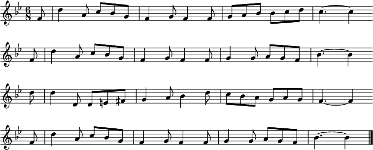 
\new Staff <<
\clef treble \key bes \major {
      \time 6/8 \partial 8     
      \relative f' {
	f8 | d'4 a8 c bes g | f4 g8 f4 f8 | g a bes bes c d | c4.~ c4 \bar"" \break
        f,8 | d'4 a8 c bes g | f4 g8 f4 f8 | g4 g8 a g f | bes4.~ bes4 \bar"" \break
        d8 | d4 d,8 d e fis | g4 a8 bes4 d8 | c bes a g a g | f4.~ f4 \bar"" \break
        f8 | d'4 a8 c bes g | f4 g8 f4 f8 | g4 g8 a g f | bes4.~ bes4 \bar"|." %repeat of the second line - if these two aren't the same, then it means somebody has vandalized ... 
      }
    }
%\new Lyrics \lyricmode {
%}
>>
\layout { indent = #0 }
\midi { \tempo 4. = 54 }
