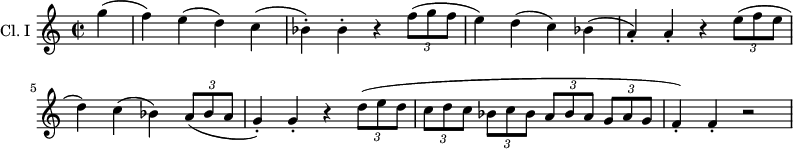 
\new Staff \with {
  instrumentName = "Cl. I "
} 
\relative c''' { 
  \transpose bes c'
  \set Staff.midiInstrument = #"clarinet"
  \key c \major
  \time 2/2
  \partial4 g4( f) e( d) c( bes-.) bes-. r4 \tuplet 3/2 { f'8( g f } e4) d( c) bes( a-.) a-.
  r4 \tuplet 3/2 { e'8( f e } d4) c( bes) \tuplet 3/2 { a8( bes a } g4-.) g-.
  r4 \tuplet 3/2 { d'8( e d } \tuplet 3/2 { [c8 d c] } \tuplet 3/2 { bes c bes } 
  \tuplet 3/2 { [a bes a] }   \tuplet 3/2 { g a g } f4-.) f-.\stopTextSpan r2
}
