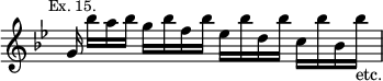 { \relative g' { \key bes \major \time 4/4 \override Score.TimeSignature #'stencil = ##f \mark \markup \small "Ex. 15."
 g16 bes'[ a bes] g bes f bes ees, bes' d, bes' c, bes' bes, bes'_"etc." } }