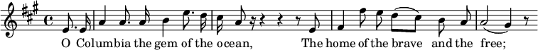 
  \new Staff {
    <<
      \new Voice = "one" \relative c' {
        \autoBeamOff
        \clef treble
        \key a \major
        \time 4/4

        \partial 8*2 e8. e16 |
        a4 a8. a16 b4 e8. d16 | cis16 a8 r16 r4 r r8 e8 |
        fis4 fis'8 e d([ cis]) b a | a2( gis4) r8
      }
      \new Lyrics \lyricsto "one" {
        O Co -- lum -- bia the gem of the o -- cean,
        The home of the brave__ and the free;__
      }
    >>
  }
