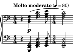  { \new PianoStaff << \new Staff \relative c' { \clef bass \numericTimeSignature \time 4/4 \tempo "Molto moderato" 4 = 80 r <g d b>\p( <d' a f>4. <e b g>8 | \time 3/4 <d a f>2) } \new Staff \relative c { \clef bass \numericTimeSignature \time 4/4 r4 <g d g,> <d' a f d>4. <e b g e>8 | \time 3/4 <d a f d>2 } >> } 