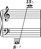 
\new PianoStaff <<
  \new Staff = "right" \with { \remove "Time_signature_engraver" } {
    s1
  }
  \new Staff = "left" \with { \remove "Time_signature_engraver" } {\cadenzaOn
    \clef bass
    \set Staff.ottavation = #"8"
    \once \override Staff.OttavaBracket.direction = #DOWN
    a,,1\glissando
    \change Staff = "right"
    \set Staff.ottavation = #"15"
    c'''1 \cadenzaOff \bar"|"
  }
>>
