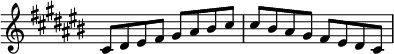 \new Staff \with {\remove "Time_signature_engraver"} {\key cis \major \set Score.tempoHideNote = ##t \tempo 8 = 120
cis'8    dis'    eis'    fis'    gis'    ais'    bis'   cis''
cis''    bis'    ais'    gis'    fis'    eis'    dis'   cis' }