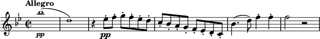 
\relative c''' {
 \tempo "Allegro"
 \key bes \major
 \time 2/2
 \tiny bes1\pp (| d,) | \normalsize r4 es8-.\pp f-. g-. f-. es-. d-. | c-. bes-. a-. g-. f-. es-. d-. c-. | bes'4. (d8) f4-. f-. | f2 r
}
