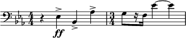  \relative c { \clef bass \key ees \major \numericTimeSignature \time 4/4 r4 ees->\ff bes-> aes'-> | \time 3/4 g8[ r16 f] ees'4~ | ees } 