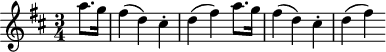 
\header {
  tagline = ##f
}

\score {
  \new Staff \with {

  }
<<
  \relative c'' {
    \key d \major
    \time 3/4
    \override TupletBracket #'bracket-visibility = ##f 
    %\autoBeamOff

     %%%%%%%%%%%%%%%%%%%%%%%%%% K94/73h
     \partial 4 a'8. g16 fis4( d) cis-. d( fis) a8. g16 fis4( d) cis-. d( fis)

  }
>>
  \layout {
    \context {
      \remove "Metronome_mark_engraver"
    }
  }
  \midi {}
}
