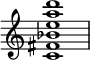  {
\override Score.TimeSignature #'stencil = ##f
\relative c' { 
  \clef treble \time 4/4 <c fis bes e a d>1
} }
