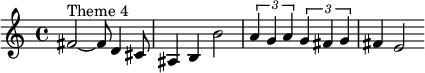 \relative c' {fis2^"Theme 4"~ fis8 d4 cis8 ais4 b b'2 \times2/3 { a4 g a }\times2/3 { g4 fis g } fis e2} 