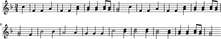 {\set Staff.midiInstrument = #"tubular bells" \key f \major \time3/4 \partial4 c''4 f' f' a' f' f' <c'' a'> <bes' g'> <bes' g'> <c'' a'>8 <bes' g'>8 <a' f'>2 c''4 f' f' a' f' f' <c'' a'> <bes' g'> <bes' g'> <c'' a'>8 <bes' g'>8 <a' f'>2 f'4 bes'2 bes'4 a'2 a'4 g' g' g' c''2 <d'' bes'>4 <d'' bes'>2 <d'' bes'>4 <c'' a'>2 <c'' a'>4 <bes' g'> <bes' g'> <c'' a'>8 <bes' g'>8 <a' f'>2}