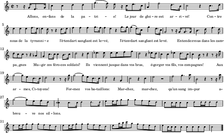 
  \new Staff \with { midiInstrument = "choir aahs" \magnifyStaff #5/7 }
  \relative c'' { 
    \set Score.tempoHideNote = ##t
    \key c \major
    \time 2/2
    \tempo 4 = 112
    \partial 2 r8 r16 g e8. g16 c4 c d d g4. (f8) e r16 c e8. c16 a4 f'2 d8. b16 c2 r4 c8. d16 \break
     e4 e e f8. e16 e4 d8 r r4 d8. e16 f4 f f g8. f16 f4 e4 r4 g8. g16 g4 (e8.) c16 g'4 e8. c16 g2 r8 r16 g g8. g16
     b4. d8 f4. d8 \break d8 c c r r4 as g c8. c16 c4 b8. c16 d2 r4 d es4. es8 es es f g d2 r4 es8 d c4 c es d8. c16
     c4 b8 r8 r4 r8 r16 g' \break g2~ g8 e c8. c16 d2 r4 r8 r16 g g2~ g8 e c8. c16 d2 r4 g, c2 r4 c e2 r f2 g4. a8 b,2 r4 r8 r16 a' \break
     g2~ g8 e f d << { 
     \set midiInstrument = #"choir aahs"
      \voiceOne
       c2
      } \new Voice { 
      \set midiInstrument = #"violin"
      \set fontSize = -5
      \voiceTwo
       c4 c8. c16 d4 d8. d16 e8 e16 f g8 g g f e d
       c c16 c c8 c d d16 d d8 d e e16 f g8 g g f e d e e16 f g8 g g f e d e a16 b c8 a g f e d e c16 c c8 c c c c c
      \partial 2 c2 \bar "|."
      } 
    >>
  }
  \addlyrics {
    \override LyricText.font-size = #-2
     Al -- lons, en -- fans de la pa -- tri -- e!
     Le jour de gloi -- re_est ar -- ri -- vé!
     Con -- tre nous de la ty -- ran -- ni -- e
     l’é -- ten -- dart san -- glant est le -- vé, _ l’é -- ten -- dart san -- glant est le -- vé.
     En -- ten -- dez -- vous dans les cam -- pa __ _ gnes
     Mu -- gir ces fé -- ro -- ces sol -- dats?
     Ils vien -- nent jus -- que dans vos bras,
     é -- gor -- ger vos fils, vos com -- pa -- gnes!
     Aux ar -- mes, Ci -- toy -- ens!
     For -- mez vos ba -- tail -- lons:
     Mar -- chez, mar -- chez,
     qu’un sang im -- pur
     a -- breu -- ve nos sil -- lons.
  }
  \layout { }
  \midi {
    \context {
      \Staff
      \remove "Staff_performer"
    }
    \context {
      \Voice
      \consists "Staff_performer"
    }
  }
