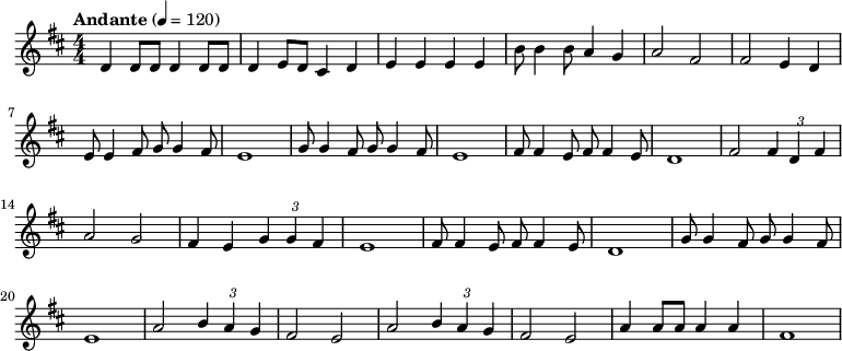 
{
% 0
\numericTimeSignature \tempo "Andante" 4 = 120 \time 4/4 \key d \major
d'4 d'8 d'8 d'4 d'8 d'8 d'4 e'8 d'8 cis'4 d'4 e'4 e'4 e'4 e'4 b'8 b'4 b'8 a'4 g'4 a'2 fis'2 fis'2 e'4 d'4 e'8 e'4 fis'8 g'8 g'4 fis'8 e'1 g'8 g'4 fis'8 g'8 g'4 fis'8 e'1 fis'8 fis'4 e'8 fis'8 fis'4 e'8 d'1 fis'2 \times 2/3 {fis'4 [d'4 fis'4]} a'2 g'2 fis'4 e'4 \times 2/3 {g'4 [g'4 fis'4]} e'1 fis'8 fis'4 e'8 fis'8 fis'4 e'8 d'1 g'8 g'4 fis'8 g'8 g'4 fis'8 e'1 a'2 \times 2/3 {b'4 [a'4 g'4]} fis'2 e'2 a'2 \times 2/3 {b'4 [a'4 g'4]} fis'2 e'2 a'4 a'8 a'8 a'4 a'4 fis'1 

}
