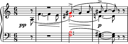 
    {
      \new PianoStaff <<
        \new Staff <<
            \new Voice \relative c'' {
                \clef treble \key a \minor \time 6/8
                \voiceOne \partial8 b8\rest R2. \once \override NoteHead.color = #red gis4.->(~ gis4 a8 ais8-> b4~ b8) \oneVoice r r
                }
            \new Voice \relative c' {
                \override DynamicLineSpanner.staff-padding = #4.5
                \once \override DynamicText.X-offset = #-5
                \voiceTwo \partial8 a\pp( f'4.~\< f4 e8 \once \override NoteHead.color = #red dis2.)(\> d!4.)~\p d8
                }
            >>
        \new Staff <<
            \relative c {
                \clef bass \key a \minor \time 6/8
                \partial8 r8 R2. \once \override NoteHead.color = #red <f b>2.( <e gis>4.)~ <e gis>8 r r
                }
            >>
    >> }
