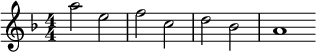 
\relative c'' { \clef treble \numericTimeSignature \time 4/4 \key d \minor \bar "|:" a'2 e | f c | d bes | a1 \bar ":|" }
