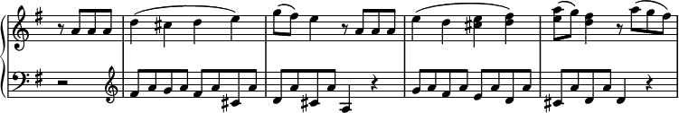 
 \relative c' {
  \new PianoStaff <<
   \new Staff \with { \remove "Time_signature_engraver" } { \key g \major \time 2/2 \partial 2
    r8 a' a a  d4( cis d e) g8( fis) e4 r8 a, a a e'4( d <e cis> <fis d>) <a e>8( g) <fis d>4 r8 a( g fis)
   }
   \new Staff \with { \remove "Time_signature_engraver" } { \key g \major \time 2/2 \clef bass \partial 2
    r2 \clef treble fis,8 a g a fis a cis, a' d, a' cis, a' a,4 r g'8 a fis a e a d, a' cis, a' d, a' d,4 r
   }
  >>
 }
