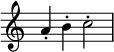  {
\override Score.TimeSignature #'stencil = ##f    \relative c'' {
        a4-. b-. c2-. 
    }

}
