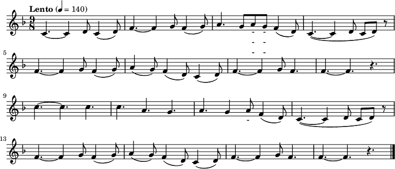 
\relative c' { \key f \major \time 9/8 \tempo "Lento" 4 = 140 \set Staff.midiInstrument = #"violin"
c4. ~ c4 d8  c4 ( d8 ) | f4. ~ f4 g8  f4 ( g8 ) | a4. g8 a g f4 ( d8 ) | c4. ~ ( c4 d8 c d ) r8 |\break
f4. ~ f4 g8  f4 ( g8 ) | a4 ( g8 ) f4 ( d8 ) c4 ( d8 ) | f4. ~ f4 g8 f4.| f4. ~ f4. r4. |\break
c'4. ~ c c | c4. a4. g4. | a4. g4 a8 f4 ( d8 ) | c4. ~ ( c4  d8 c d ) r8 |\break
f4. ~ f4 g8  f4 ( g8 ) | a4 ( g8 ) f4 ( d8 ) c4 ( d8 ) | f4. ~ f4 g8 f4.| f4. ~ f4. r4. \bar "|."}
\addlyrics {
아 리 랑 아 리 랑 아 라 - - 리 요
아 리 랑 고 개 로 넘 어 간 다
나 를 버 리 고 가 시 는 님 은
십 리 도 못 가 서 발 병 난 다}
\addlyrics {
아 리 랑 아 리 랑 아 라 - - 리 요
아 리 랑 고 개 로 넘 어 간 다
청 천 하 늘 엔 별 도 - 많 고
우 리 네 가 슴 엔 꿈 도 많 다}
\addlyrics {
아 리 랑 아 리 랑 아 라 - - 리 요
아 리 랑 고 개 로 넘 어 간 다
저 기 저 산 이 백 두 산 이라 지
동 지 섣 달 에 도 꽃 만 핀 다}
