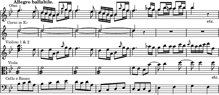 { << \new Staff << \override Score.BarNumber #'break-visibility = #'#(#f #f #f) \override Score.Rest #'style = #'classical \override Score.TimeSignature #'stencil = ##f \time 2/4 \tempo "Allegro ballabile." \key bes \major
 \new Voice \relative f'' { \stemUp
  f4.^\markup \small \right-align "Oboi" ees8 |
  d16 c bes a bes8 \grace a'16 g f | f4. ees8 |
  d16 c bes a bes8 \grace a'16 g f | %end line 1
  f4. aes16 g | g8 bes16 a! a8 c16 bes | bes4 r }
 \new Voice \relative f'' { \stemDown
  f4. ees8 | d16 c bes a bes8 \grace { \stemDown a'16 } g f | 
  f4. ees8 | d16 c bes a bes8 g'16 f | %end line 1
  f4. aes16 g | g8 bes16 a a8 c16 bes | bes4 s_"etc." } >>
\new Staff <<
 \new Voice \relative d'' { \stemUp
  d2^\markup \small \center-align "Corni in E♭" ^~ |
  d ^~ d ^~ d ^~ d4 r | R2 R }
 \new Voice \relative d'' { \stemDown
  d2 _~ d _~ d _~ d _~ | d4 s } >>
\new Staff \relative f'' { \key bes \major
  <f bes d,>4.^\markup \small \center-align "Violino 1 & 2" ees8 |
  d ees16 a, bes8 \grace a'16 g f |
  f4. ees8 | d ees16 a, bes8 \grace a'16 g f | %end line 1
  f4. aes16 g | g8 bes16 a a8 c16 bes |
  \grace c8 bes16 a bes c d8 f, }
\new Staff \relative f' { \clef alto \key bes \major
  f2:16^\markup \small \right-align "Viola" f: f: f: | %eol1
  f8 ees d bes' ~ | bes c4 d8 ~ | d d4 d8_"etc." }
\new Staff \relative b { \clef bass \key bes \major
  bes8[^\markup \small \center-align "Cello e Basso" c d a] |
  bes[ c d ees] | d[ c d a] | bes,[ c d ees] | %eol1
  d[ c d bes] | ees4 f | g f } >> }