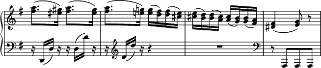 
 \relative c' {
  \new PianoStaff <<
   \new Staff \with { \remove "Time_signature_engraver" } { \key g \major \time 2/4
    <a'' fis>8.( <gis eis>16) <a fis>8.( <gis eis>16)
    <a fis>8.( <g! e!>16) <g e>( <fis d>) <fis d>( <e cis>)
    <e cis>( <d b>) <d b>( <cis a>) <cis a>( <b g>) <b g>( <a fis>)
    <fis dis>4( <g e>8) r
   }
   \new Staff \with { \remove "Time_signature_engraver" } { \key g \major \time 2/4 \clef bass
    r16 d,,( d') r r d( d') r r\clef treble d( d') r r4 R2 \clef bass r8 a,,,[ a a]
   }
  >>
 }
