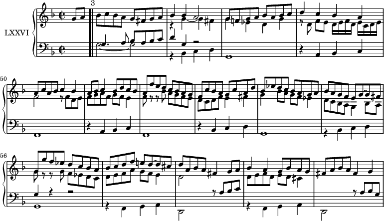 
\version "2.18.2"
\header {
  tagline = ##f
}
upper = \relative c'' {
  \clef treble 
  \key f \major
  \time 2/2
  \tempo 2 = 48
  %\autoBeamOff
  \set Staff.midiInstrument = #"harpsichord"

  \partial 4 g8 a^"     3" \bar ".|" 
  bes8 c bes a g fis g a 
  << { bes4 bes a2 } \\ { r4 g4~ g4 fis } >>
  << { g8 f! g a bes a bes c } \\ { g4 ees d g } >>
  << { d'4 c bes a } \\ { r8 d,8 f[ e] d16[ e f d] e[ c d e] } >>
  << { a8 c a bes c4 bes } \\ { f2 r8 f d e } >>
  << { a8 bes c4 bes8 d c bes } \\ { f8 g a f g f e4 } >>
  << { a8 f' e d c bes a g } \\ { f8 r8 r8 bes8 a g f e } >>
  %%% 8
  << { f8 c' bes a g c a d } \\ { d, c d f e4 fis } >>
  << { bes8 ees d c bes a g a } \\ { g4  bes8 a g f ees4 } >>
  << { bes'8 a g f e g~ g fis } \\ { d8 c bes a g4 bes8 a  } >>
  << { g'8 g' f ees d c bes a } \\ { g8 r8 r8 g8 f ees d c } >>
  %%% 12
  << { bes'8 c d f e! d~ d cis } \\ { d,8 e f a g f e4 } >>
  << { d'8 a bes a fis4 g8 a } \\ { d,2 } >>
  << { bes'4 a g8 bes a g } \\ { d8 e f d e d cis4 } >>
  fis8 a bes a fis4 g

}

lower = \relative c' {
  \clef bass
  \key f \major
  \time 2/2
  \set Score.currentBarNumber = #46
  \set Staff.midiInstrument = #"harpsichord"
   
   s4
   << { g4. a8 bes a bes c } \\ { g2~ g } >>
   << { d'4 g, r2 } \\ { r4 bes,4 c d g,1 } >>
   r4 a4 bes c f,1
   r4 a4 bes c f,1
   r4 bes4 c d g,1
   << { s1 g'4 r4 r2 } \\ { r4 bes,4 c d g,1 } >>
   << { s1 s2 r8 a'8 bes c } \\ { r4 f,,4 g a d,2 s2 } >>
   << { s1 s2 r8 a''8 bes g } \\ { r4 f,4 g a d,2 s2 } >>
   
} 

\score {
  \new PianoStaff <<
    \set PianoStaff.instrumentName = #"LXXVI"
    \new Staff = "upper" \upper
    \new Staff = "lower" \lower
  >>
  \layout {
    \context {
      \Score
      \remove "Metronome_mark_engraver"
    }
  }
  \midi { }
}
