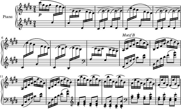 
\version "2.18.2"
\header {
  tagline = ##f
}
upper = \relative c'' {
  \clef treble 
  \key e \major
  \time 2/4
  \tempo 4 = 136
  \tempo "Vif"
  \set Staff.midiInstrument = #"acoustic grand"

   cis'16\(\p gis fis gis  \stemUp \change Staff = "lower" dis16  \stemDown \change Staff = "upper"  fis16 e dis\)

   % ms. 2
   \stemUp \change Staff = "lower" cis16^\( \stemDown \change Staff = "upper" gis fis gis
   \stemUp \change Staff = "lower" dis16 \stemDown \change Staff = "upper" fis e dis\)

   % ms. 3/5
   \repeat unfold 2 {
   \stemUp \change Staff = "lower" cis16(^\< \stemDown \change Staff = "upper" gis'16)
   \stemUp \change Staff = "lower" dis16( \stemDown \change Staff = "upper" gis16)\!
   \stemUp \change Staff = "lower" fis16(^\> \stemDown \change Staff = "upper" gis16)
   \stemUp \change Staff = "lower" dis16( \stemDown \change Staff = "upper" gis16)\!

   % ms. 4/6
   \stemUp \change Staff = "lower" cis,16\(  \stemDown \change Staff = "upper"  cis'16 b a
   \stemUp \change Staff = "lower" gis16  \stemDown \change Staff = "upper"  fis16 e dis\)
   }

   % ms. 7
   \stemUp \change Staff = "lower" cis16^\( \stemDown \change Staff = "upper" e cis e\)
   \stemUp \change Staff = "lower" b16^\( \stemDown \change Staff = "upper" dis cis b\)

   % ms. 8
   \stemUp \change Staff = "lower" a16^\( \stemDown \change Staff = "upper" cis a cis
   \stemUp \change Staff = "lower" gis16 \stemDown \change Staff = "upper" b a gis\)

   % ms. 9
   \stemNeutral
   s4*0^\markup{\italic "Motif B"}
   \repeat unfold 2 { a16( cis fis a cis fis cis a) | b,16( dis fis b dis fis dis b) }

   % ms. 13
   e16( b' gis e) dis( b' fis dis) | cis( b' e, cis) b( b' dis, b) | a( e' cis a) gis( e' b gis) | fis( e' a, fis) e( e' gis, e)
}

lower = \relative c {
  \clef treble
  \key e \major
  \time 2/4
  \set Staff.midiInstrument = #"acoustic grand"

  s2*7 \clef bass s2 
  \repeat unfold 2 { fis,16( cis' fis a) cis8 < cis fis > b,16 fis' b dis fis8-.( < fis b >-.) }
  \clef treble < e gis >8-- < e gis b >-. < dis fis >-- <  dis fis b >-.
  < cis e >8-- < cis e b' >-. < b dis >8-- < b dis b' >-.

  % ms. 15
  \clef bass < a cis >8-- < a cis e >-. < gis b >8-- < gis b e >-.
  < fis a >8-- < fis a e' >-. < e gis >8-- < e gis e' >-.

} 

\score {
  \new PianoStaff <<
    \set PianoStaff.instrumentName = #"Piano"
    \new Staff = "upper" \upper
    \new Staff = "lower" \lower
  >>
  \layout {
    #(layout-set-staff-size 17)
    \context {
      \Score
      \override SpacingSpanner.common-shortest-duration = #(ly:make-moment 1/2)
      \remove "Metronome_mark_engraver"
    }
  }
  \midi { }
}
