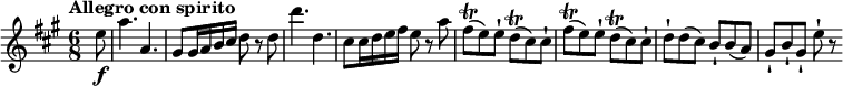 
  \relative c'' {
  \version "2.18.2"
  \key a \major
  \tempo "Allegro con spirito"
  \tempo 4 = 180
  \time 6/8
   \partial 8  e8 \f
   a4. a,
   gis8 gis16 a b cis d8 r8 d
   d'4. d,
   cis8 cis16 d e fis e8 r8 a
   fis \trill  (e) e-! d\trill (cis) cis-!
   fis \trill  (e) e-! d\trill (cis) cis-!
   d-! d ( cis) b-! b (a)
   gis-! b-! gis-! e'-! r8
  }
