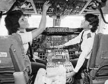 Beverly Burns and Lynne Rippelmeyer on the flight deck of a Boeing 737, September 1, 1982.