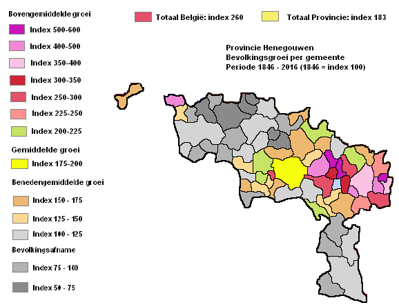 Provincie Henegouwen: Bevolkingsgroei periode 1846-2016 per gemeente (1846=index 100)