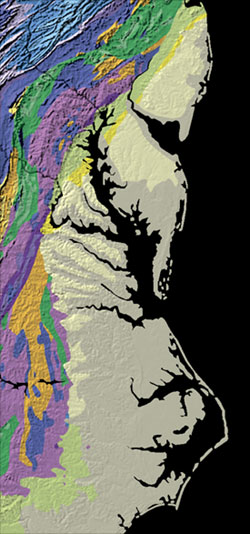Map showing part of the Eastern Seaboard Fall Line where the pale-colored coastal plain meets the brightly-colored Piedmont.