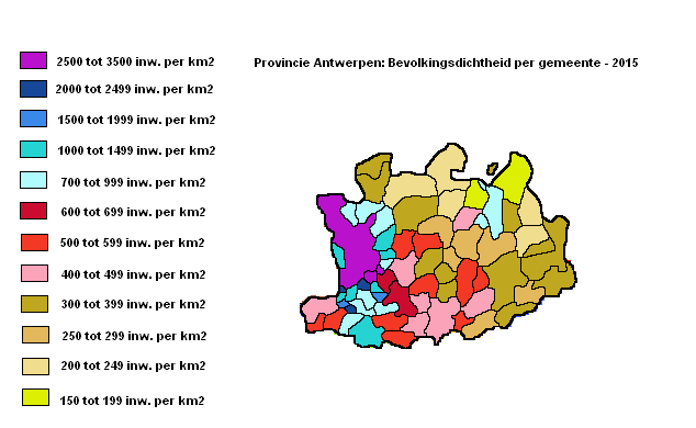 Provincie Antwerpen: bevolkingsdichtheid per gemeente - 2015