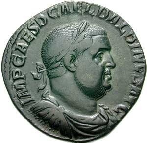 Sestertius of Balbinus. Inscription: IMP. CAES. D. CAEL. BALBINVS AVG.